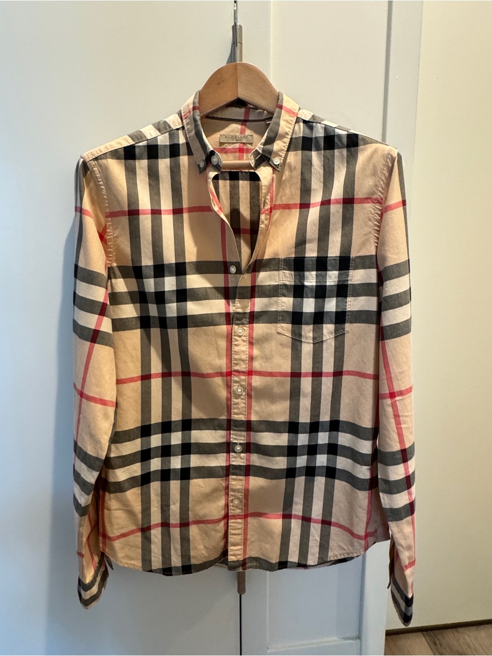 Burberry Beige Plaid Button-Down Shirt with Black & Red Accents